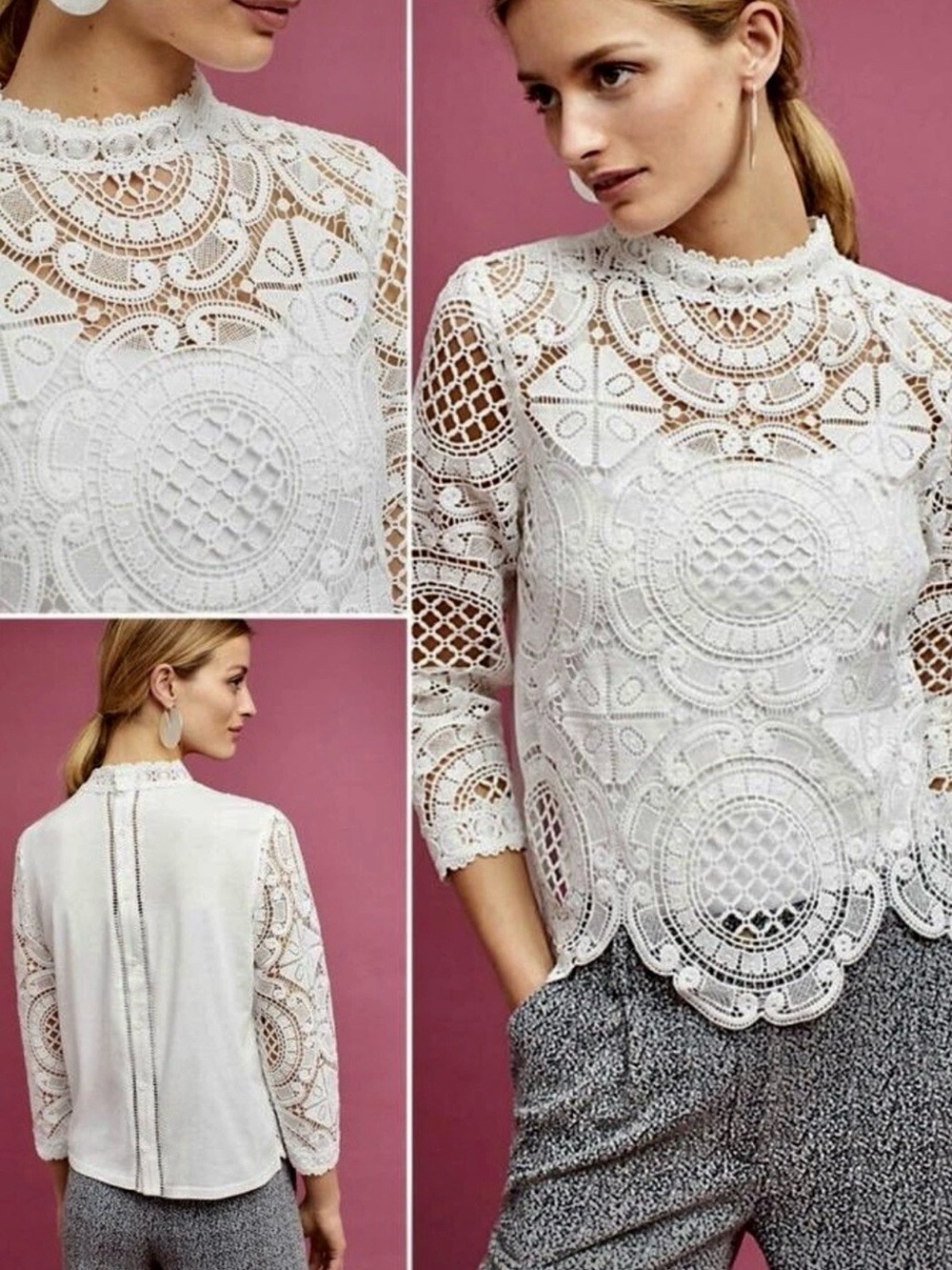 Anthropologie x James Corelli White Lace Medallion Mock-neck Blouse